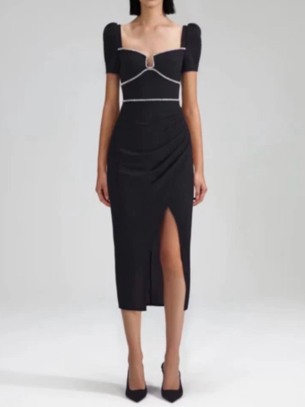 Self-Portrait Square Neckline Black Diamante Midi Dress with Crystal Lining